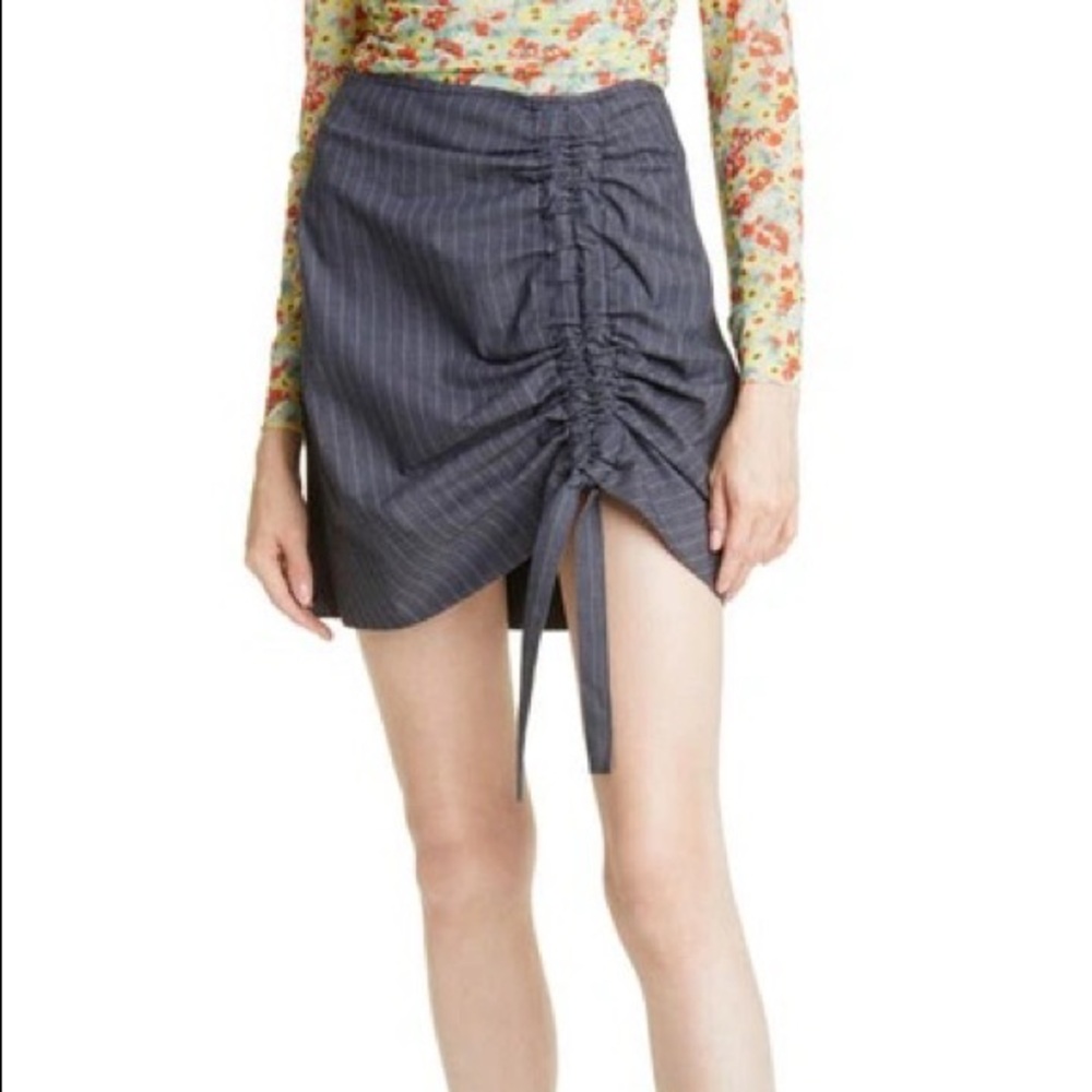 Ganni NWT Ruched-Front Pin Striped Pencil Mini Skirt Blue Gray Size 40 US 10